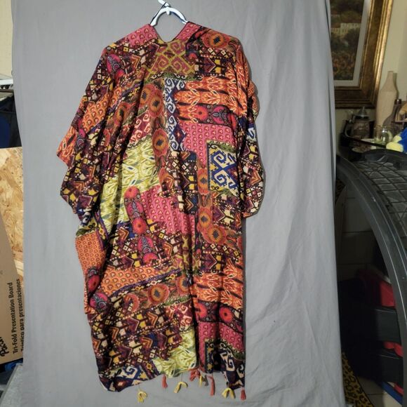 Woven Heart Patchwork Print Kimono Shawl Coverup Kaftan Robe Dress Colorful OS - Picture 13 of 16